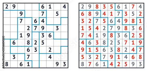 Sudoku game template with puzzle grid and solution layout  