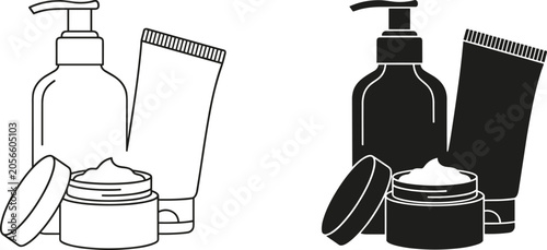Photos Cosmetic Packaging Product Line Art and Silhouette Vector Icon Set Featuring Pum