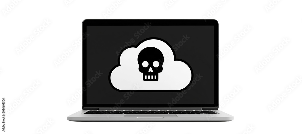 Fototapeta premium Skull on cloud icon displayed on laptop screen on transparent