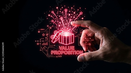 Hand reaching for glowing red neon value proposition gift box graphic on black background.