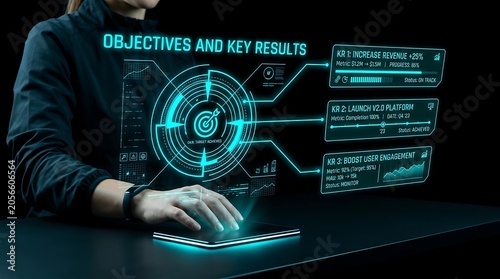 Businessman tracking OKR objectives on futuristic digital holographic interface.