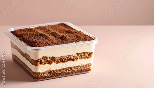 A layered dessert in a plastic container.