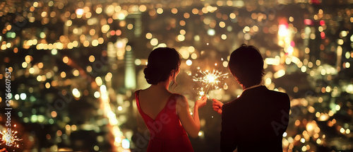 Young adult couple holding sparklers on a rooftop overlooking a vibrant city skyline at night