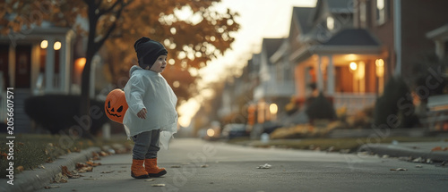 Young child in a white ghost costume and black beanie holding an orange pumpkin pail on an autumn suburban street with warm light