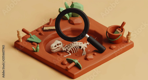 Claymorphism Low-Poly Isometric Excavation Scene Featuring a Dinosaur Fossil Discovery with Archeology Tools and Magnifying Glass