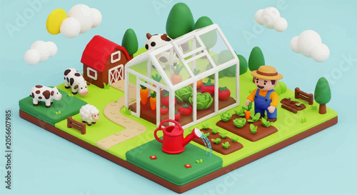 Cute 3D Farm Landscape Featuring Claymorphism, Low-Poly Isometric Greenhouse, Farmer, Livestock and Rural Barn Scene