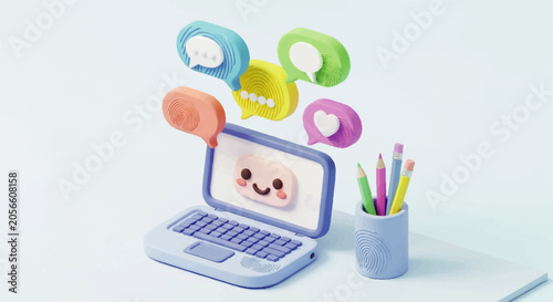 Claymorphism Low-Poly Isometric Laptop with Chat Bubbles and Pencils - Online Learning Setup