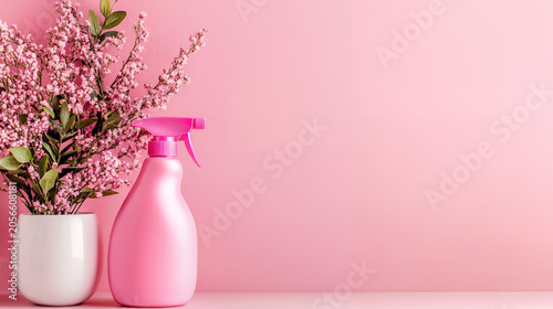 Minimalist composition of a pink spray bottle and a white pot with delicate pink flowers on a light pink surface