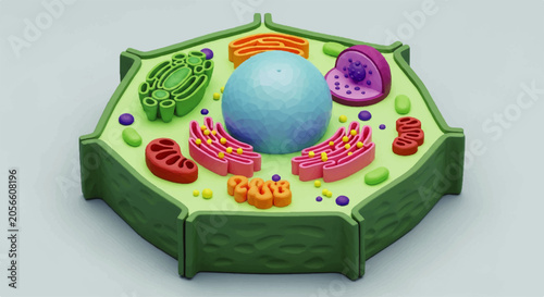 Claymorphism, Low-Poly Isometri 3D model of a plant cell anatomy with nucleus and organelles for science lab education