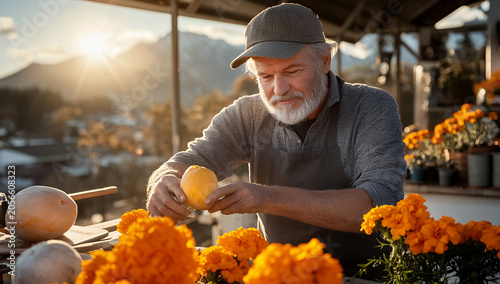 Senior man in a cap and apron gently holds a small orange gourd while gardening on a patio at golden hour, with mountains in background