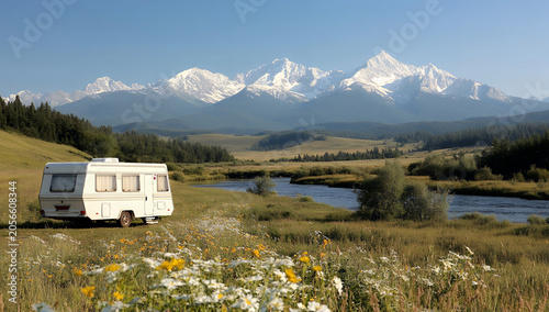 Caravan parked in a wildflower meadow by a river with snow-capped mountain peaks in the background