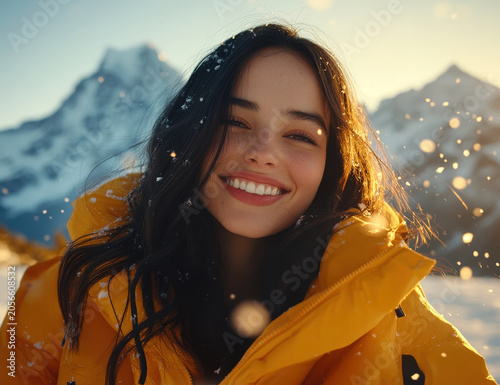 Smiling young adult woman in a yellow winter jacket with snow on her hair in a snowy mountain landscape at golden hour