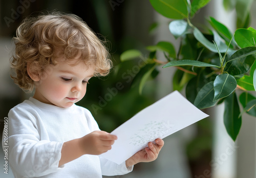 Caucasian toddler boy with curly blonde hair looking at a white paper drawing indoors next to a green plant