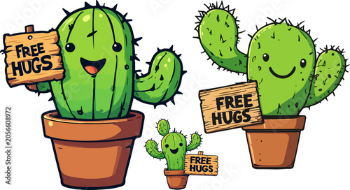 Cute cactus illustrations, smiling cacti, free hugs signs, cartoon plants, vector graphics