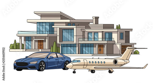 Фотография Modern Luxury Mansion with Private Jet and Sedan Vector Illustration