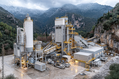 Large industrial plant with silos and conveyor belts operating in a mountainous landscape with snow-capped peaks under an overcast sky