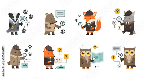 Detective Animal Character Icon Set