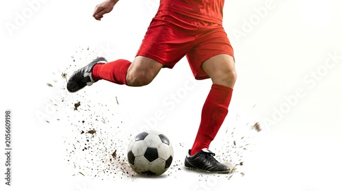 Footballer kicking soccer ball with mud flying, isolated on white background