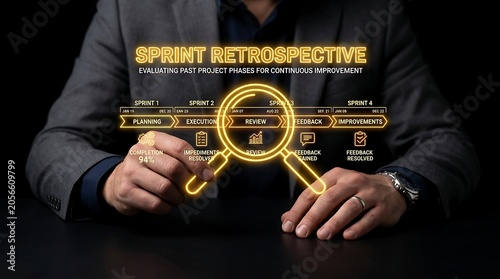 Businessman analyzing agile sprint retrospective project management process with digital interface.