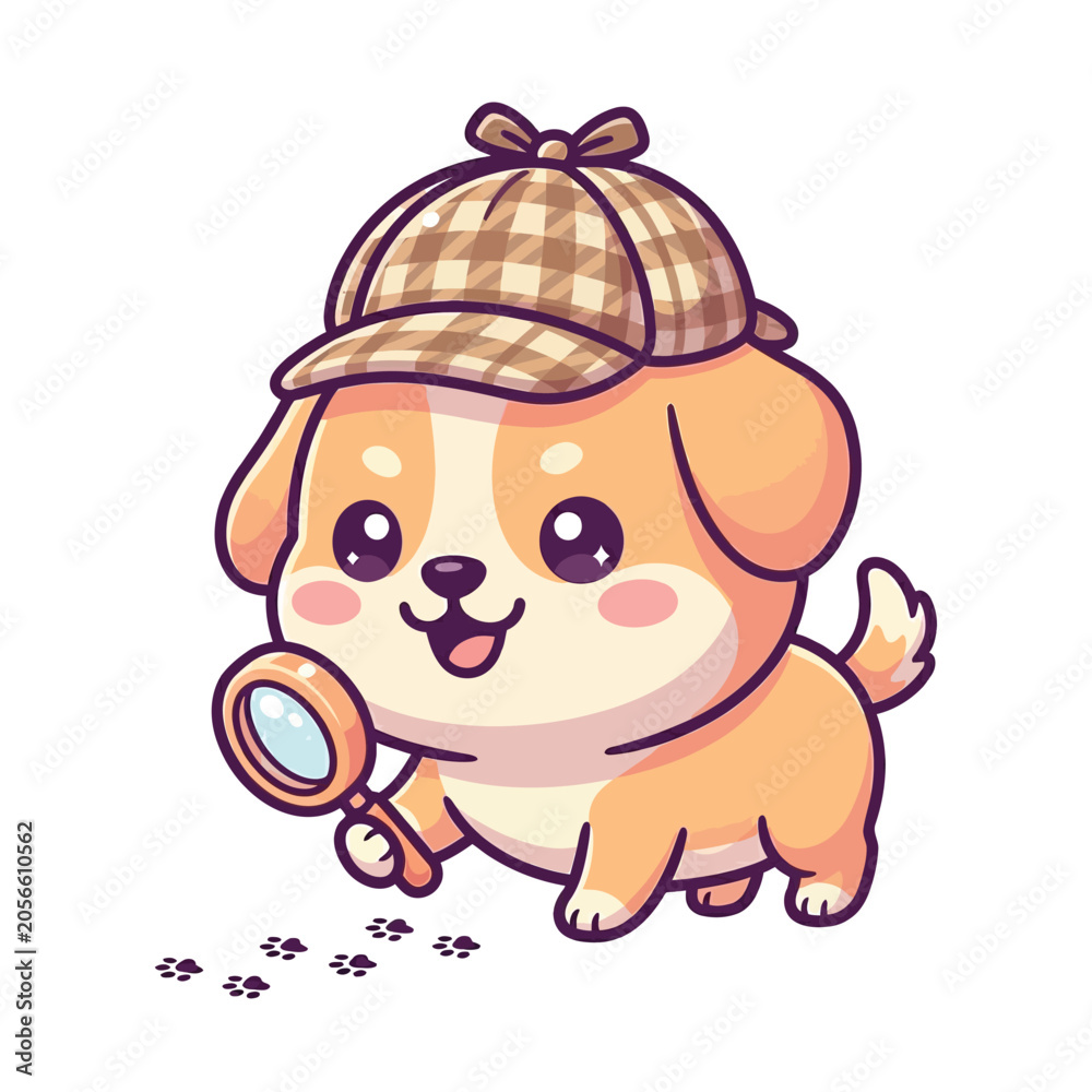 Obraz premium Cute Cartoon Puppy Detective Investigating Paw Prints with Magnifying Glass Adorable K9 Investigator Illustration