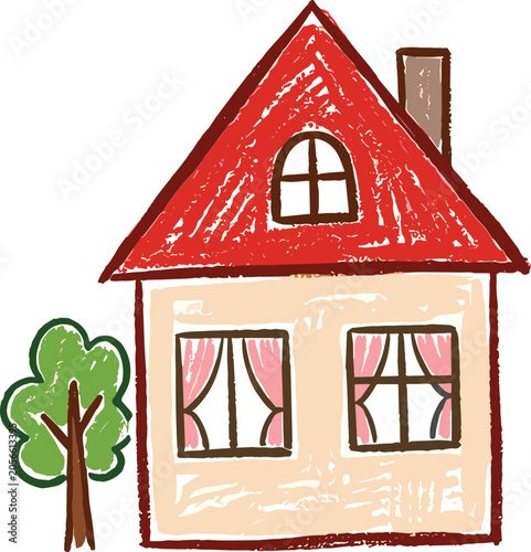Hand drawn house with red roof and green tree. Childlike illustration of a house with red roof and green tree