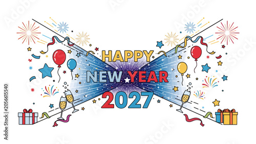 Konstfotografi Happy New Year 2027 Celebration: A vibrant and festive illustration announces Happy New Year 2027, adorned with balloons, confetti, fireworks, gift boxes, and champagne flutes