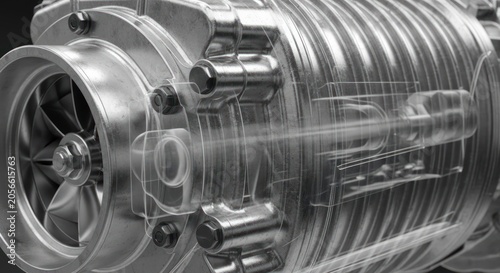 Close-up of a polished chrome supercharger for a car engine.