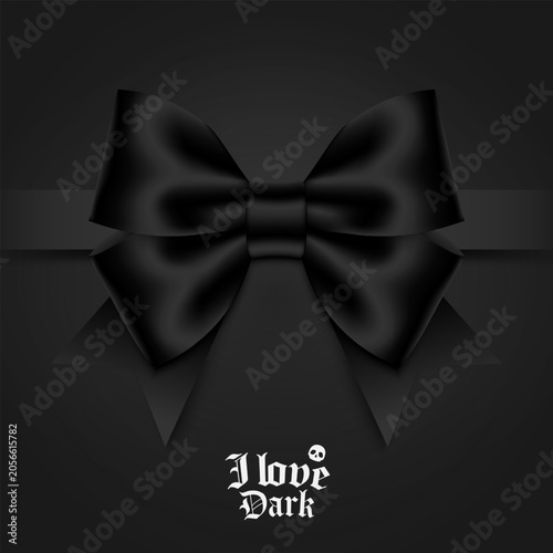 Gothic typography poster with elegant black 3D bow on dark background. Vector illustration.