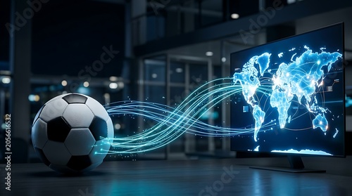 Soccer ball and illuminated world map on computer screen showing global network and data flow.