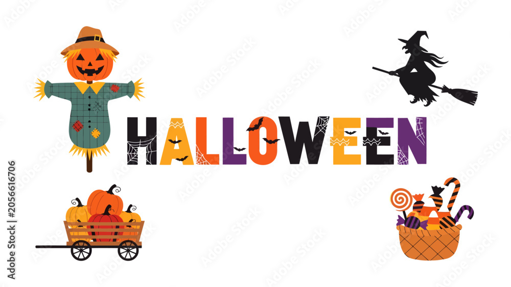 Fototapeta premium Halloween Theme: A whimsical collection of Halloween-themed elements, including a smiling pumpkin scarecrow, a witch on a broomstick, a wagon full of pumpkins, and a basket overflowing with candy.