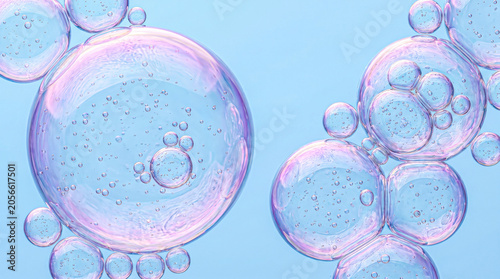 Iridescent Pastel Bubbles on Light Blue Background, Translucent Soap Bubbles with Pink Purple Hues, Abstract 3D Digital Art