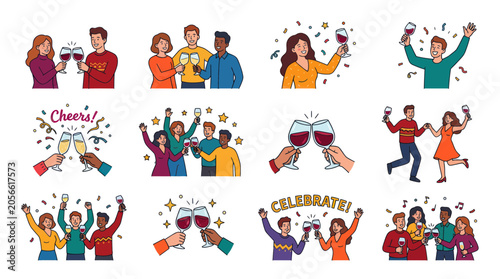 Diverse group of people celebrating with wine and champagne, toasting joyfully