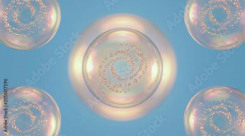 Iridescent Bubbles with Spiral Pattern on Blue Background, Abstract 3D Sphere with Smaller Bubbles Inside, Dreamy Ethereal Transparent Design