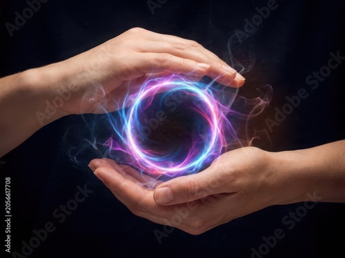 Hands holding a glowing purple-blue ring with smoke