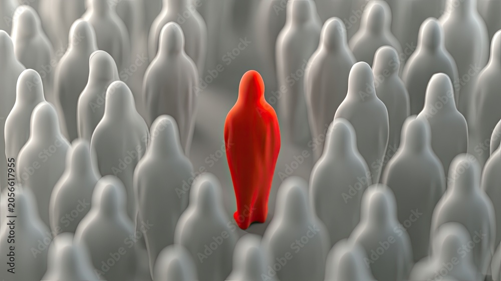 Obraz premium A lone vibrant red figure stands out amidst a crowd of muted, identical figures