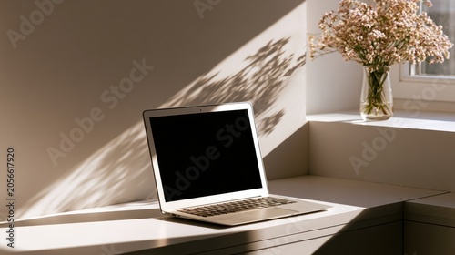 Open laptop on a desk bathed in sunlight with flowers nearby