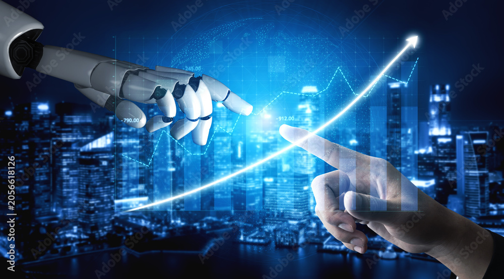Obraz premium A human hand and a robotic hand reach out towards a digital graph, symbolizing collaboration between technology and people in a modern urban landscape. Impute