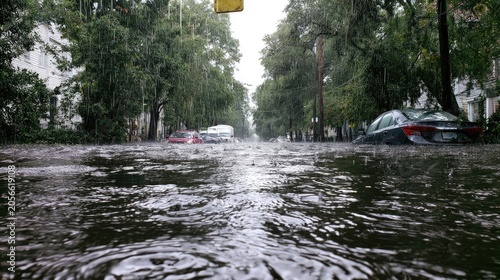 Heavy rain floods a tree-lined street, submerging vehicles