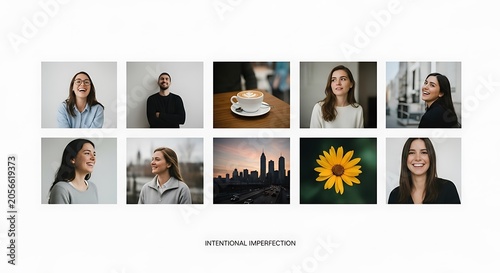 Collage of diverse portraits, coffee, city, nature, and text