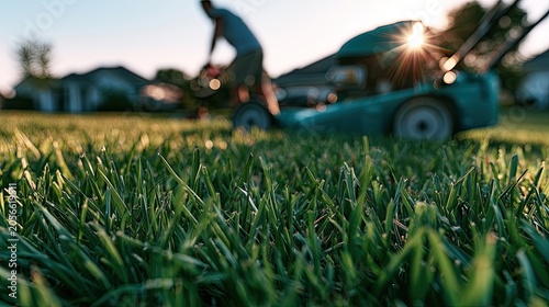 Low-angle shot of a person mowing a lush green lawn at sunset