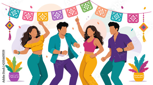 Vibrant Fourth Of July Dance Party With Diverse Group Of Friends, Colorful Bunting And Potted Plants