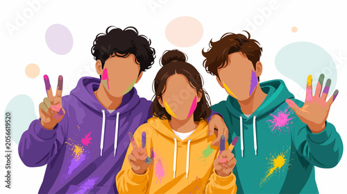 Three Friends In Colorful Hoodies Celebrating The Fourth Of July On A Bright Summer Day In The City
