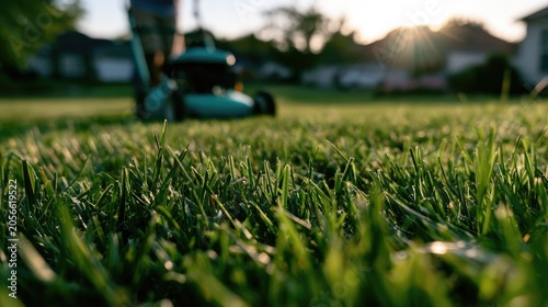 Close-up of dewy grass, sunlit backyard, person mowing in background