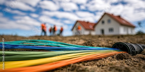 Brightly colored fiber optic cables emerge from conduit in front of new homes