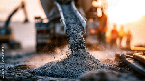 Wet concrete pours from truck chute onto construction site ground