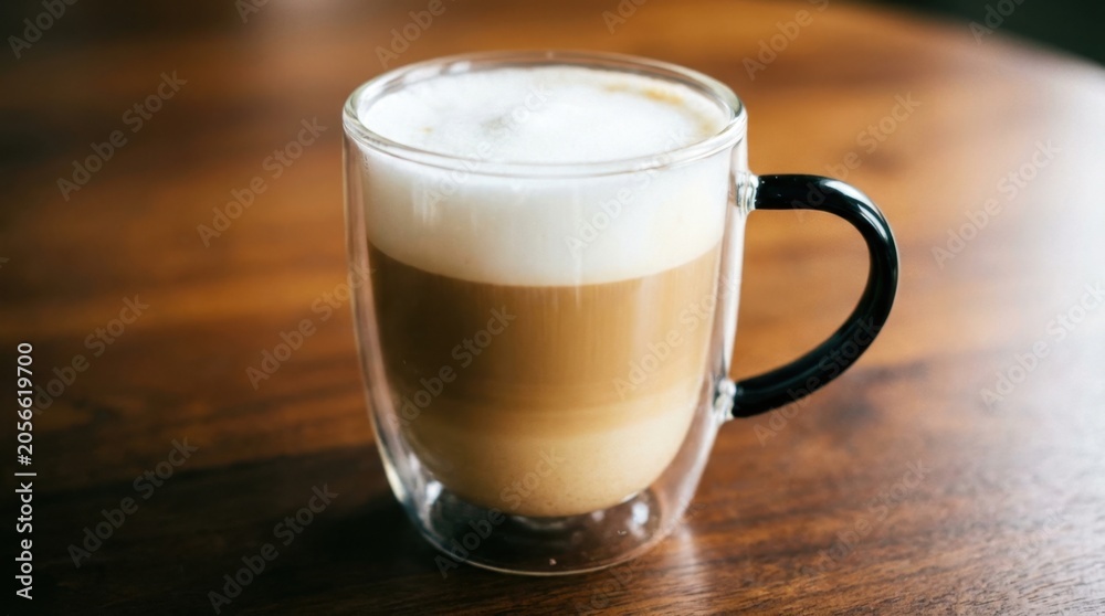 Naklejka premium Delicious layered coffee drink in a clear glass cup on a wooden table.