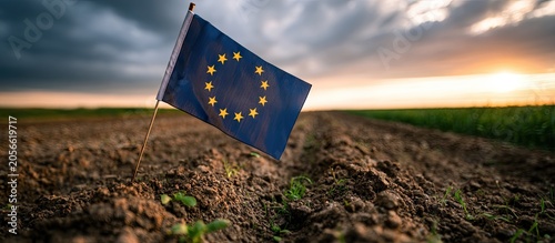 EU flag planted in a tilled field at sunset with distant green crops