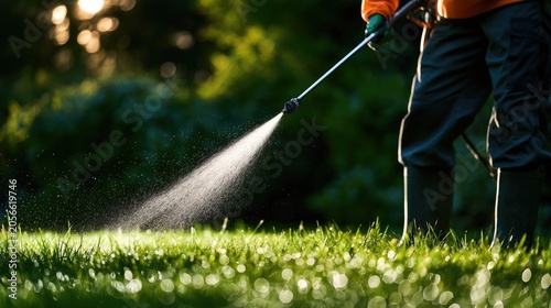 Person sprays mist onto green lawn at golden hour