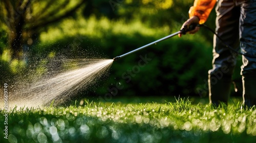 Person sprays a fine mist onto a bright green lawn with a long wand