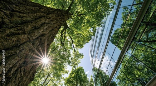 Old tree trunk and modern glass building reflect green foliage and bright sun